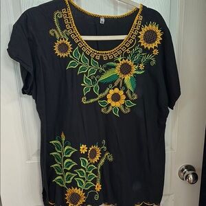 Embroidered Black Top with Sunflower Design